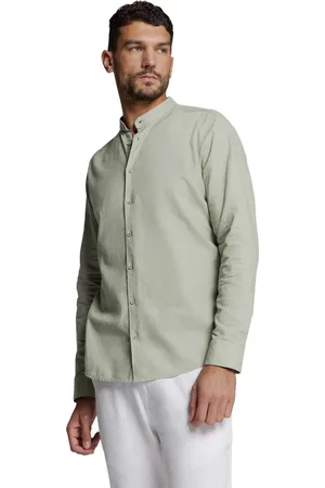 No Excess Shirt granddad solid with linen light army