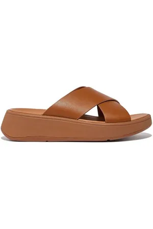 FitFlop F-Mode Leather Flatform Cross Slides Slippers