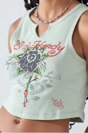 ED HARDY Dames Tanktops - Green Rose Notched Tank Top