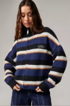 MINGA LONDON Cardigan Bleu Rayé à Fermeture Éclair en taille: Small