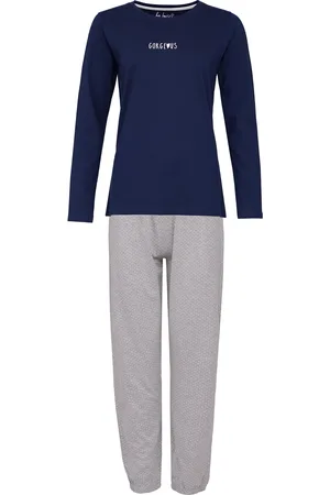 by Louise Dames pyjama set lang katoen donkerblauw / grijs gestipt