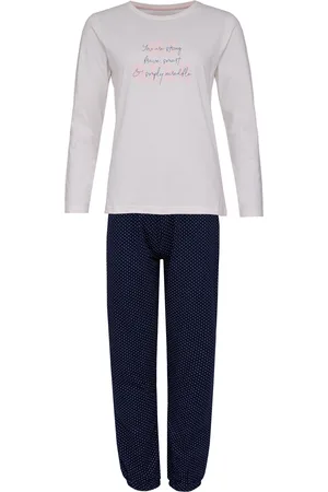 by Louise Dames pyjama set lang katoen off white / donkerblauw gestipt
