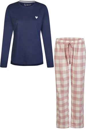 by Louise Dames pyjama set lang flanel geruit roze