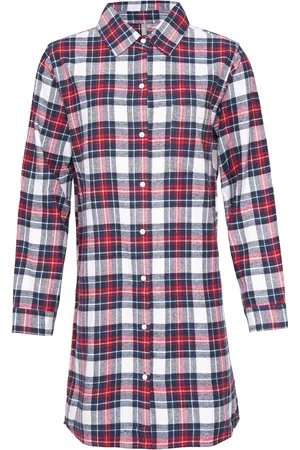 by Louise Dames pyjama nachthemd lang flanel geruit rood/blauw
