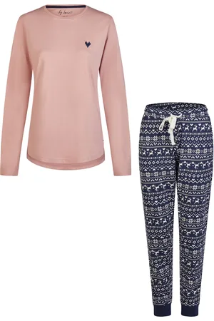 by Louise Dames pyjama set lang katoen roze/donkerblauw norwegian jacquard print