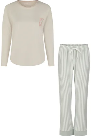 by Louise Dames pyjama set lang katoen beige/mintgroen gestreept