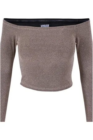 Urban classics Dames glitter off shoulder top met lange mouwen