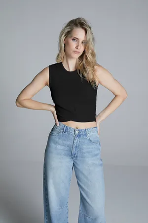 Homage to Denim H-cs25m72 rib cropped top with knot