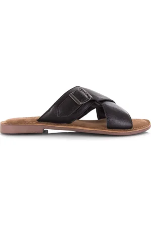 Lazamani Leren mules black met gekruiste banden platte sandalen dames