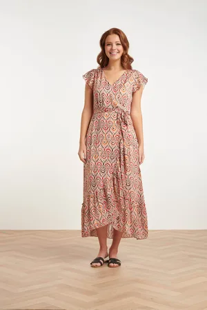 Smashed Lemon 24412 aardetinten satijnen wrap jurk met azteekse print