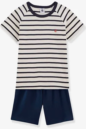 Petit Bateau Katoenen gestreepte pyjama voor kleine jongens - marineblauw gestreept