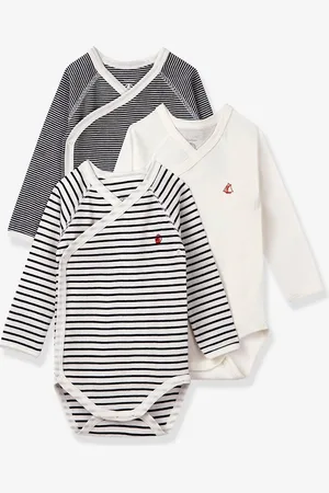 Petit Bateau Set van 3 gestreepte babyrompertjes met lange mouwen in biokatoen marine