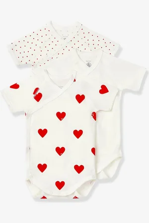 Petit Bateau Set van 3 gekruiste babyrompertjes met korte mouwen en harten in biokatoen wit