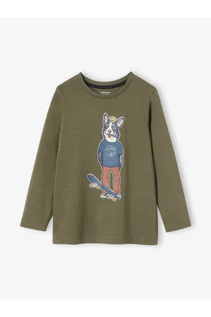 Vertbaudet Oeko-Tex® fun T-shirt met lange mouwen en kattenmotief voor jongens kaki