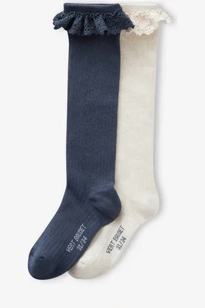Vertbaudet Set van 2 paar hoge meisjessokken in tricot met ajour en kant marineblauw