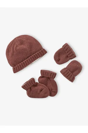 Vertbaudet Gebreide set baby muts + wanten + laarsjes hazelnoot