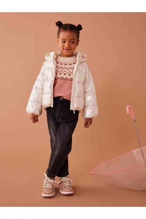 Vertbaudet Donsjack met capuchon voor meisjes met parelmoereffect met fleece voering ecru
