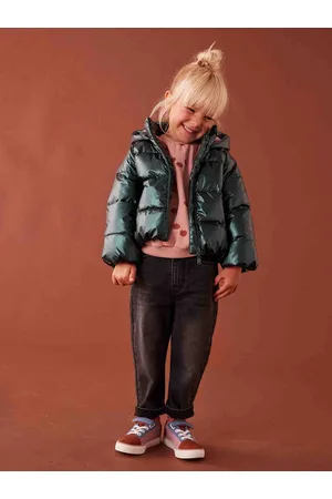 Vertbaudet Donsjack met capuchon voor meisjes met parelmoereffect met fleece voering dennen