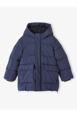 Vertbaudet Lang donsjack met capuchon en sherpa voering voor jongens marineblauw