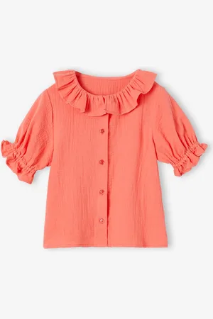 Vertbaudet Meisjesblouse met kraagje van katoengaas koraal