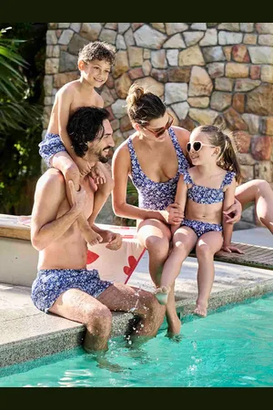 Vertbaudet Gebloemd 2-delig meisjeszwempak, Team famille-collectie blauw, bedrukt