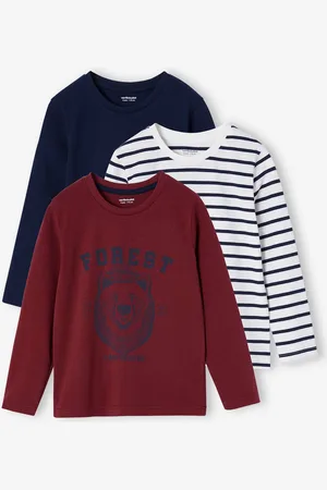 Vertbaudet Set van 3 bijpassende jongensshirts met lange mouwen bordeauxrood