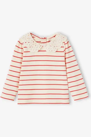 Vertbaudet Baby T-shirt met geborduurde kraag en lange mouwen rood, gestreept