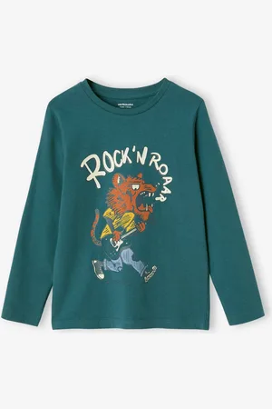 Vertbaudet Oeko-Tex® fun T-shirt met lange mouwen en kattenmotief voor jongens groenblauw