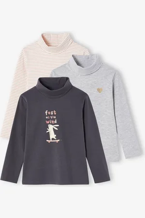 Vertbaudet Set van 3 t-shirts met rolkraag voor meisjes antraciet