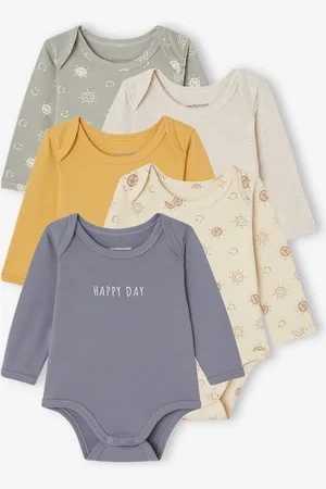 Vertbaudet Set van 5 rompertjes met lange mouwen baby met Amerikaanse mouwgaten van biokatoen blauw