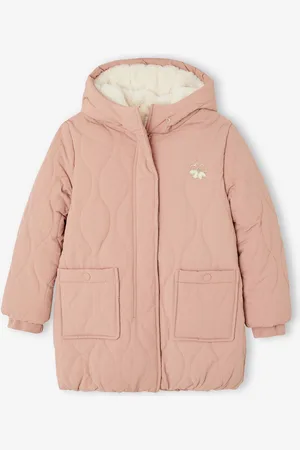 Vertbaudet Lang jack met capuchon voor meisjes en imitatiebonten voering roze (poederkleur)