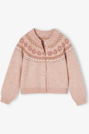 Vertbaudet Jacquard meisjesvest met fantasiebreiwerk van glimmende draad roze (poederkleur)