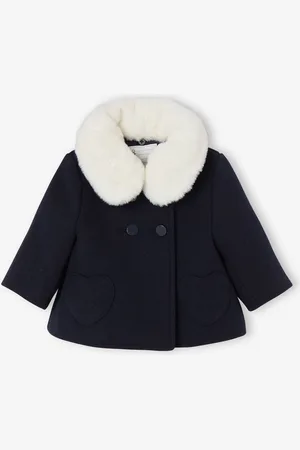 Vertbaudet Wollen jas voor babymeisjes met verwijderbare nepbonten kraag marineblauw
