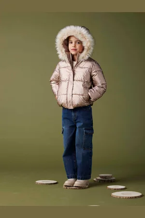 Vertbaudet Donsjack met capuchon voor meisjes met fleece voering roze, bedrukt