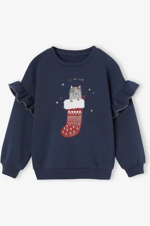 Vertbaudet Sweater met ruches en kattenmotief meisjes marineblauw