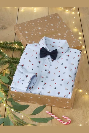 Vertbaudet Set voor de kerst met beprint jongensoverhemd en vlinderstrik chambrayblauw