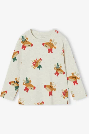 Vertbaudet Kerstshirt met leuke rendiermotiefjes voor jongens gemêleerd wit