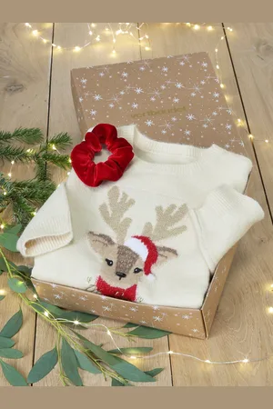 Vertbaudet Kerstcadeauverpakking "Renne" jacquard trui + 2 scrunchies voor meisjes ecru