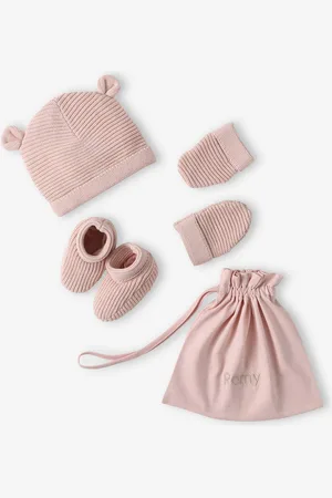 Vertbaudet Set babymutsjes, wanten en laarsjes en bijpassend zakje Oeko-Tex® roze (poederkleur)