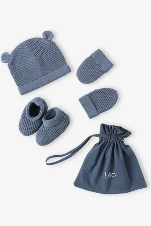Vertbaudet Set babymutsjes, wanten en laarsjes en bijpassend zakje Oeko-Tex® jeansblauw