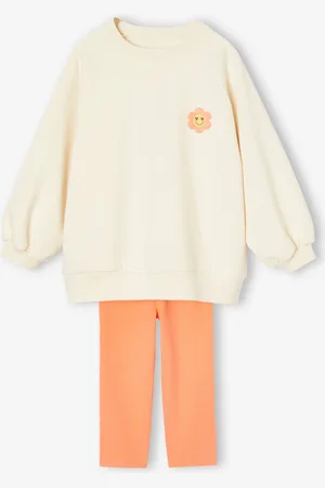 Vertbaudet Meisjesset met gebloemde jurk-sweater + kuitbroek ecru
