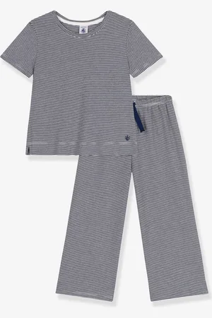 Petit Bateau Pyjama kind met korte mouwen en wijde pijpen, gestreept marineblauw