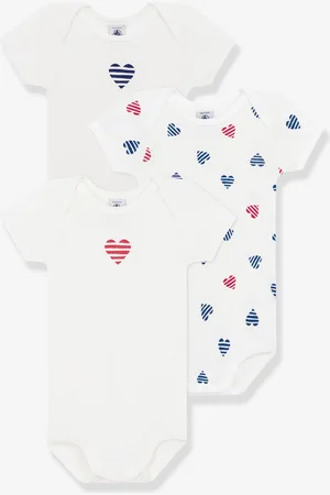 Petit Bateau Set van 3 baby rompers met korte mouwen en gestreepte hartjes wit