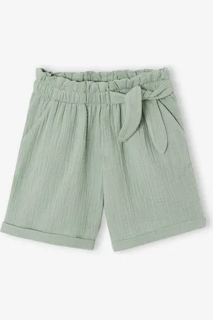 Vertbaudet Meisjesshort in "paperbag"-stijl, van katoengaas saliegroen