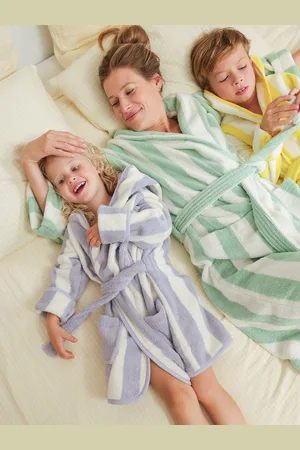 Vertbaudet Gestreepte badjas voor volwassenen TRANSAT familie-capsulecollectie, personaliseerbaar, met gerecycled katoen groen, gestreept