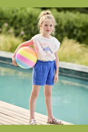 Vertbaudet Meisjesshort in "paperbag"-stijl, van katoengaas felblauw