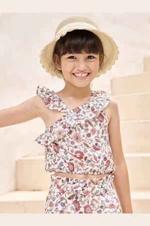 Vertbaudet Asymmetrische meisjesblouse met bloemenprint en volant ecru