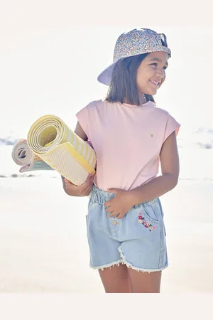 Vertbaudet Oversize meisjesshort van jeansstof met geborduurde bloemen lichtblauw