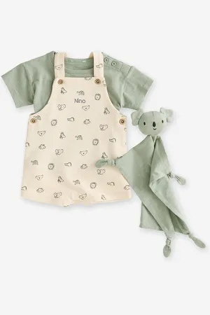Vertbaudet Set van 3 stuks: T-shirt + romper + knuffelbeer voor baby, te personaliseren saliegroen